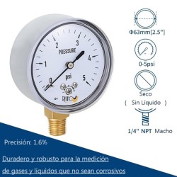 Manómetro de baja presión 0-3 PSI en acero inoxidable 304 | Precisión
