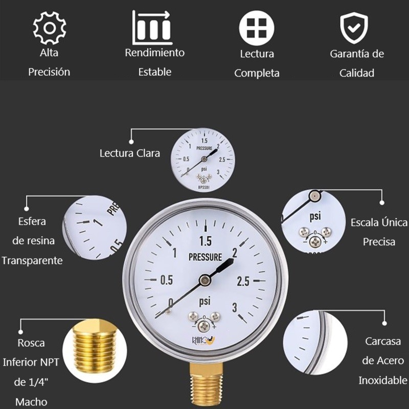 Manómetro de baja presión 0-3 PSI en acero inoxidable 304 | Precisión