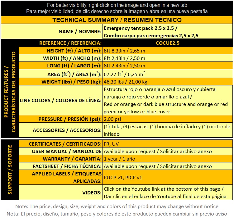 COCUE2,5 Combo carpa para emergencias 2,5x2,5